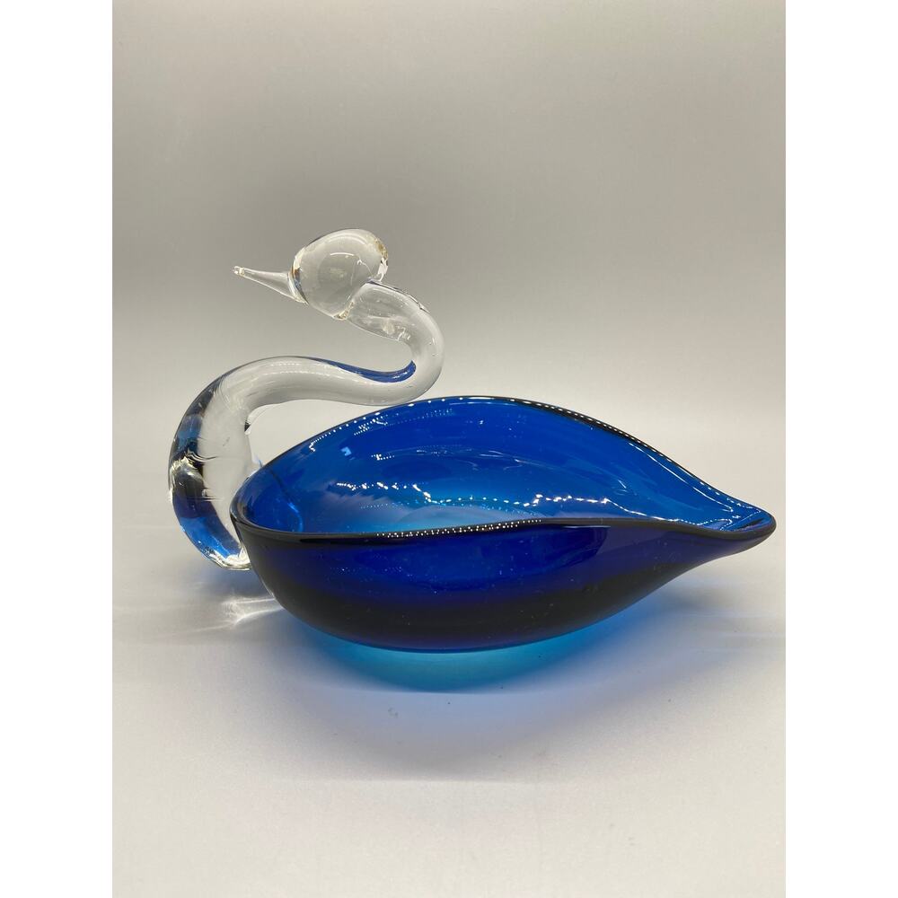 Vintage Art Glass Swan Blue Clear Trinket Dish Ring Holder Snack Bowl Candy Nut
